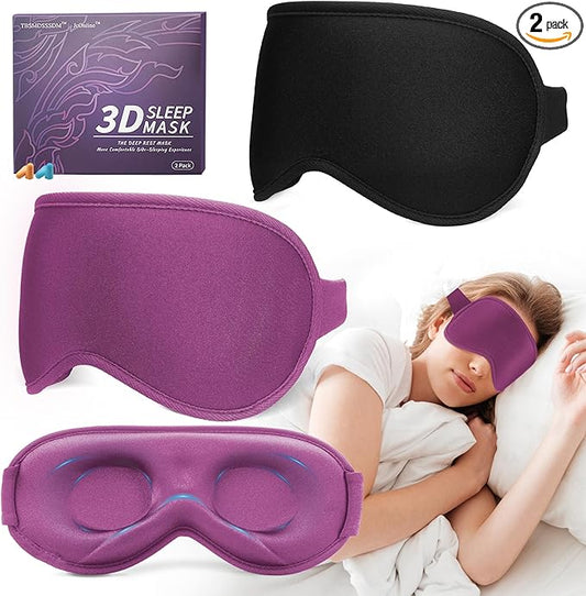 3D Sleep Mask for Men Women 2 Pack, Blackout Eye Mask for Sleeping Eye Mask for Side Sleeper, Memory Foam Adjustable&Washable, Airplane Travel Essentials Couples Yoga Meditation Office Black & Purple - Bloomnest