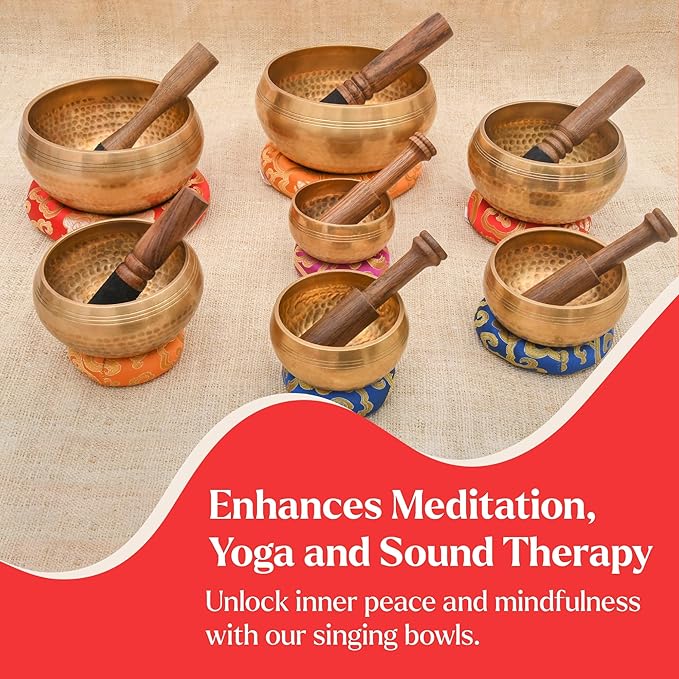 Tibetan Singing Bowl Set-Authentic Cuencos Tibetanos for Sound Healing, Meditation & Chakra Balancing - Includes Cushion, Mallet-Unique Spiritual Gifts for Women and Men (7 Chakra Bowl Set) LNYSI