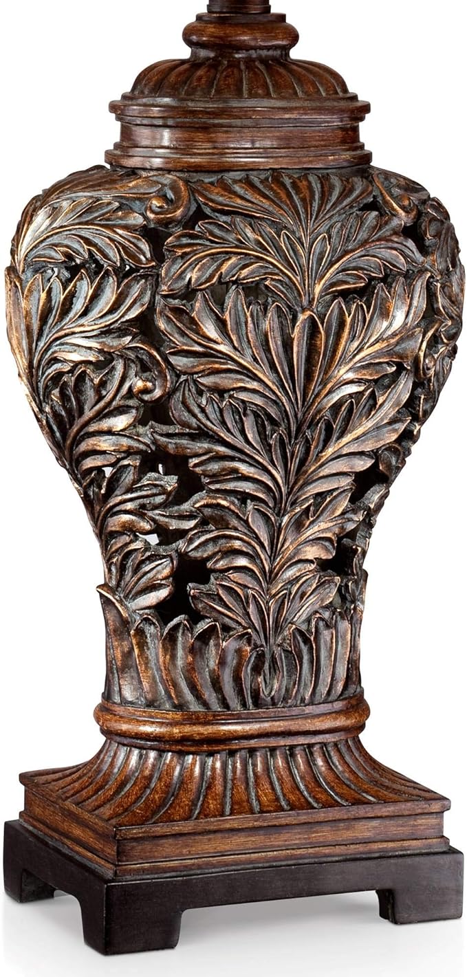 Barnes and Ivy Traditional Table Lamps 32.5" Tall Set of 2 Bronze Brown Carved Leaf Openwork Vase Tan Rectangular Shade Decor for Living Room Bedroom House Bedside Nightstand Home Office - Bloomnest