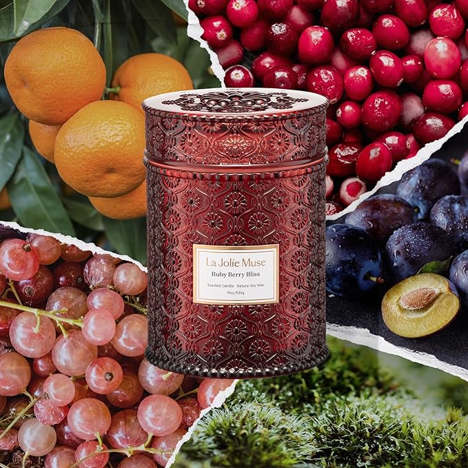 LA JOLIE MUSE Ruby Berry Bliss Scented Candle – Mandarin, Cranberry & Plum | 19 oz Festive Fall Candle | Wooden Wick | Clean Burn & Vibrant Scent | Fun Gift for Hosts & Fall Tablescapes - Bloomnest