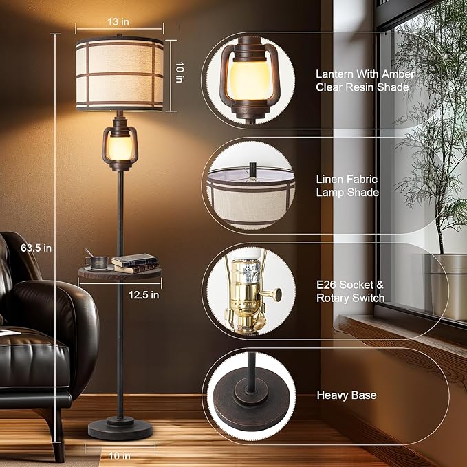 Rustic Farmhouse Metal Tray Floor Lamp For Living Room With Nightlight Vintage Tall Lamp With Linen Fabric Shade Industrial Standing Lamp For Bedroom Office Home House Study (Bulb Included) - Bloomnest