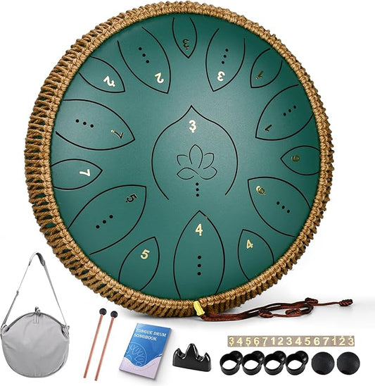 Steel Tongue Drum 13 Inches 15 Notes, Hand Pan Drums for Adults 440hz, C Major Handpan Musical Instrument with Song Book, Mallets and Carry Bag, Green - Bloomnest