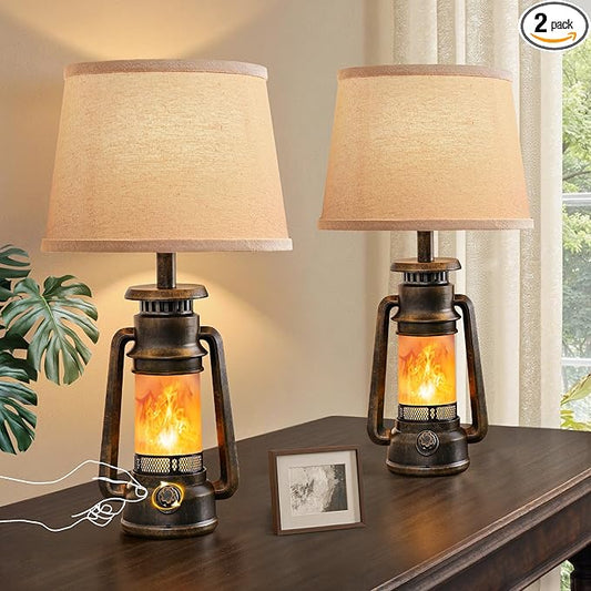 LEDIARY 18.72" LED Vintage Lantern Flickering Flame Table Lamps for Bedrooms Set of 2, Farmhouse Rustic Vintage End Table Lamps, Rustic Retro Bedside Nightstand Desk Lamp for Living Room - Bloomnest