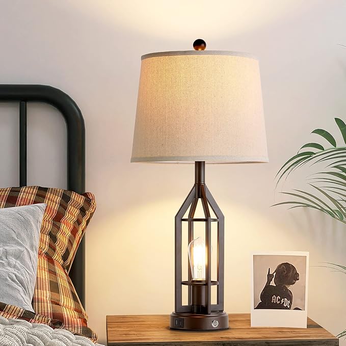 28" Living Room Lamps Set of 2, Farmhouse Table Lamps for Bedroom with USB A+C Ports, Touch Lamps for Nightstand End Tables, 4 Bulbs Included - Bloomnest