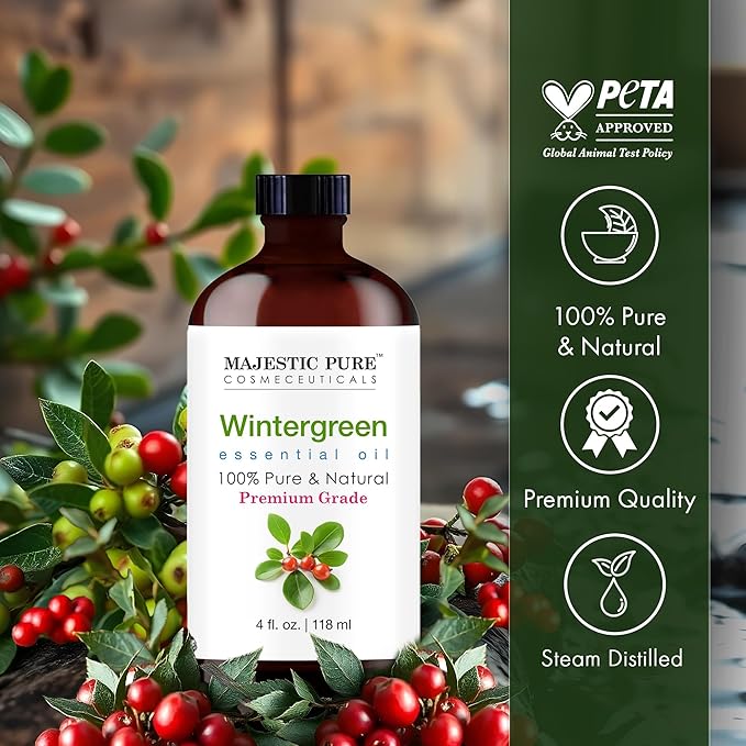 Majestic Pure Wintergreen Essential Oil with Glass Dropper - 4 Fl Oz - 100% Pure and Natural Wintergreen Oil - Premium Grade Essential Oils for Diffuser, Aromatherapy, Soap and Candle Making - Bloomnest