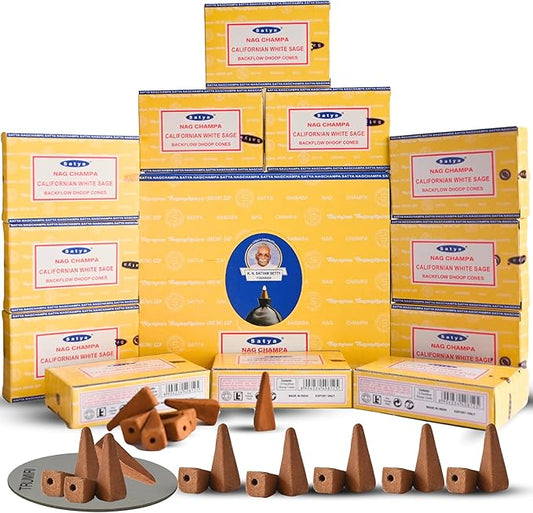 Californian White Sage Backflow Incense Cones for Waterfall Aromatic Smoke Fountain Haze Falls and Mat Bundle - Pack of 12 TRUMIRI