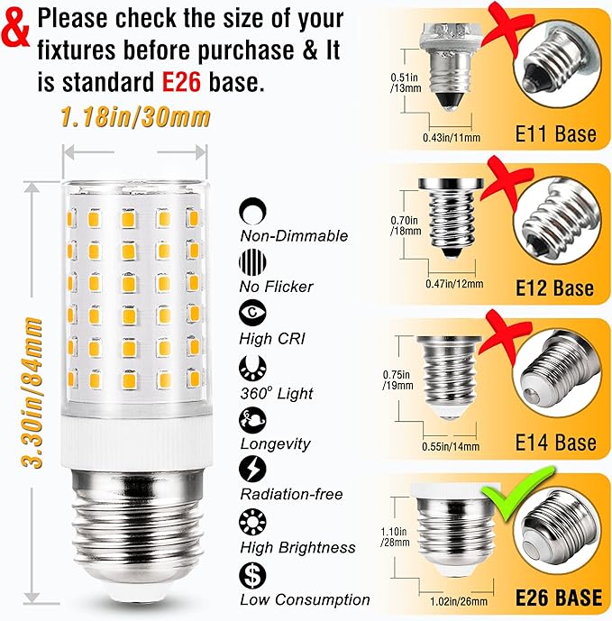 ALIDE E26 100 Watt Equivalent LED Candelabra Corn Bulbs,2700K Warm White,E26 E27 12W LED Light Bulbs 1200LM for Ceil Fan Chandelier Pendant Lighting,Non-dimmable,4 Pack - Bloomnest