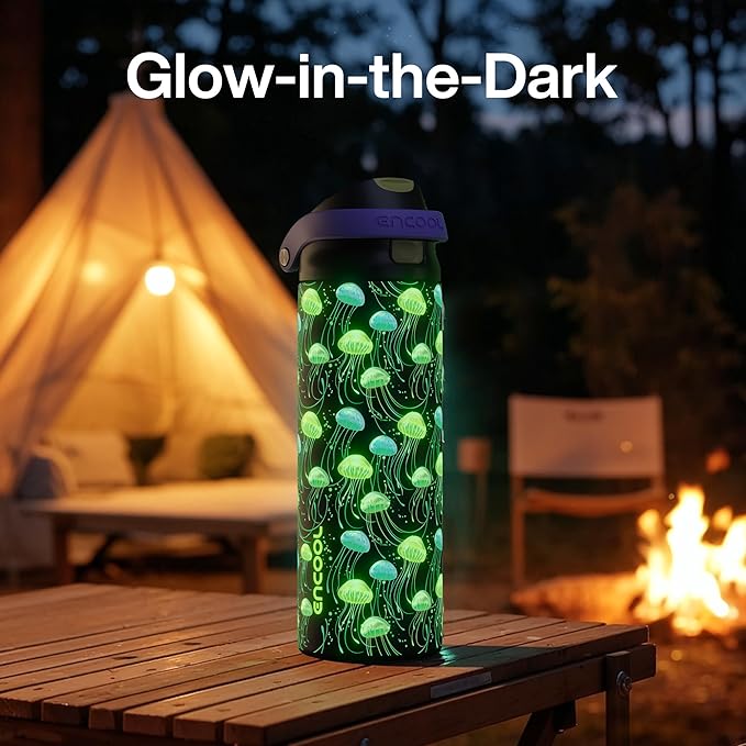 ENCOOL Leakproof Insulated Water Bottle with Straw Dual-Sip Water Bottle Bag-Safe Design for Work, Commute & Gym – Keeps Drinks Cold All Day, 24 oz, Neon Jellyfish ENCOOL