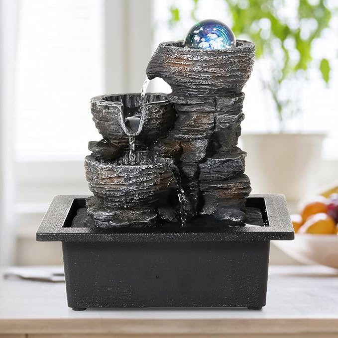 Crystal Ball Tabletop Water Fountain with LED Lights - 3-Tier Indoor Waterfall Feature for Relaxation, Natural Humidifier for Home and Office Decor, 10''X9''X6.9