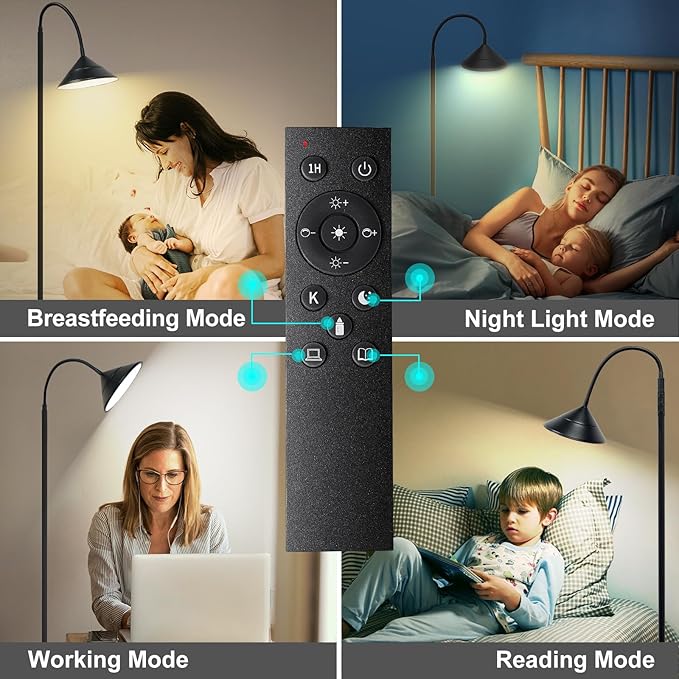76" LED Floor Lamp, 18W/1800LM Super Bright Reading Standing Lamp,Stepless Dimmable&Adjustable Color Temperature 2700K-6500K w/Remote& Touch Control Lamps for Living Room Bedroom Office Black - Bloomnest
