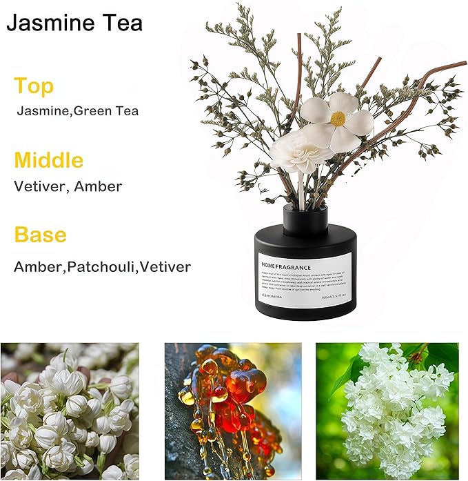 Reed Diffuser Set with Dried Flowers, 3.38fl.oz Fragrance Diffuser with Sticks, Scented Sticks Aroma Diffuser, Home & Office Décor for Air Fresheners, Bathroom (Jasmine Tea) - Bloomnest
