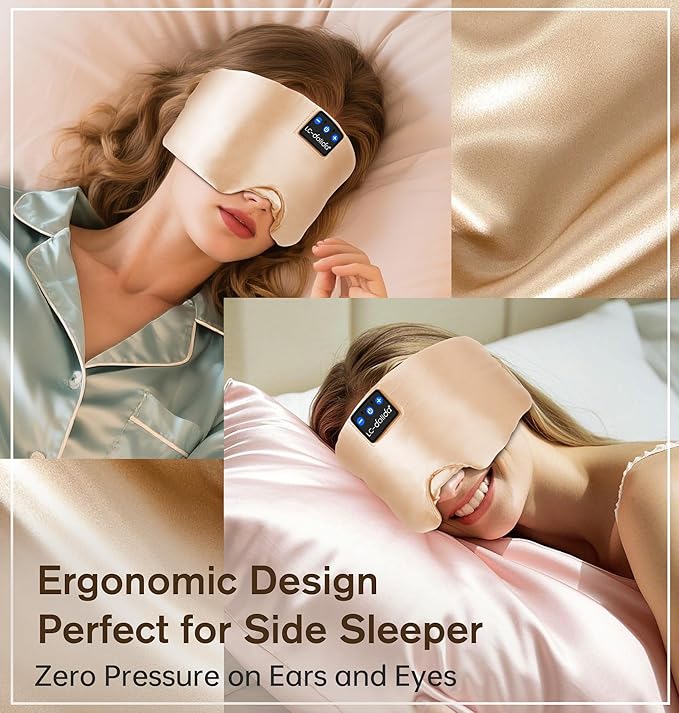 LC-dolida Luxurious Silk Soft Sleep Mask, Sleep Headphones with Bluetooth 5.4 for Side Sleeper, Total Blackout Eye Sleeping Mask for Women and Men, Ideal Gift for Restful Sleep, Travel(Champagne) - Bloomnest
