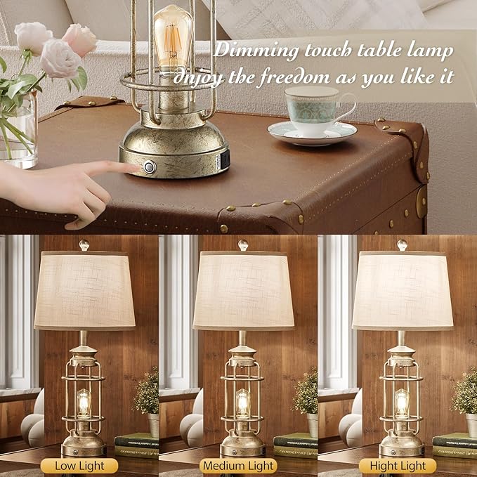 28.5" Retro Industrial Table Lamp for Living Room Bedroom Set of 2 Dimmable Touch Control Bedside Farmhouse Lamps with USB A+C Charging Ports and 2 Light Sources - Bloomnest
