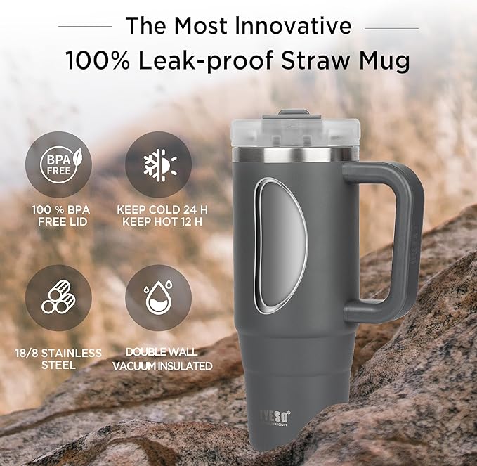 Tyeso 30 oz Tumbler with Handle, Straw and Lid - Leak Resistant Insulated Stainless Steel Water Bottle, Car Cup Holder Friendly Travel Coffee Mug Grey - Gifts for Men & Women - Bloomnest