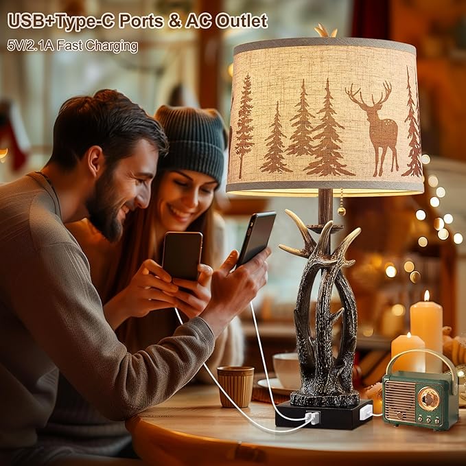 Farmhouse Deer Antler Table Lamps Set of 2 Rustic Western Bedside Lamp with USB A+C & Outlet for Log Cabin Bedroom Hunting Themed Livig Room End Table Cottage Home Decor,Deer Print Linen Fabric Shade - Bloomnest