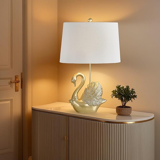 Crestview Collection Bird Table Lamp, 24" Gold Swan Resin Table Lamp with Linen Shade, Modern Animal Lamp for Nightstand,End Table or Entryway, Art Deco Home Decor for Bedroom,Living Room or Hallway - Bloomnest