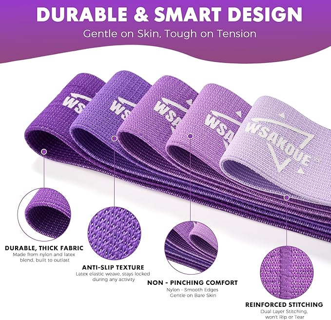 WSAKOUE Fabric Resistance Bands for Working Out – 5 Booty Bands for Women & Men, Exercise Workout Bands for Legs, HIPS & Glutes – Ideal for Home Fitness, Yoga, Pilates & Rehab