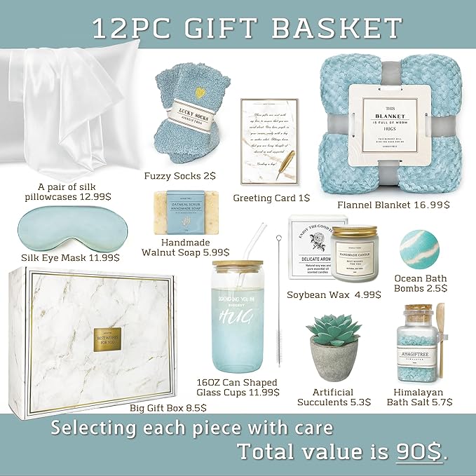 Get Well Soon Gift Baskets For Women,12PC Get Well Gifts for Women After Surgery,Birthday,Care Package,Grief,Sympathy Gifts,Condolences Gift Basket (cerulean) - Bloomnest