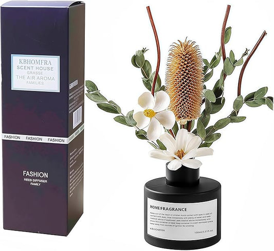 Reed Diffuser Set with Dried Flowers, 3.38fl.oz Fragrance Diffuser with Sticks, Scented Sticks Aroma Diffuser, Home & Office Décor for Air Fresheners, Bathroom (Pure White Gardenia) - Bloomnest