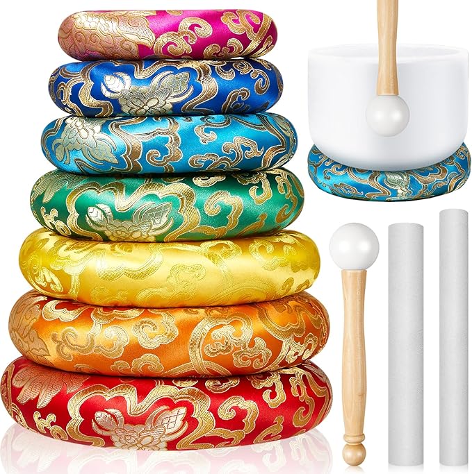 10 Pcs Singing Bowl Cushion Set 7 Silk Cloth O Ring with 3 Crystal Singing Bowl Mallet Include Solid and Hollow Stick Wood Handle Rubber Mallet for 6-12" Tibetan Sound Meditation(Rainbow) - Bloomnest