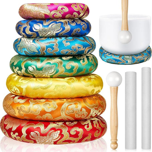 10 Pcs Singing Bowl Cushion Set 7 Silk Cloth O Ring with 3 Crystal Singing Bowl Mallet Include Solid and Hollow Stick Wood Handle Rubber Mallet for 6-12" Tibetan Sound Meditation(Rainbow) - Bloomnest
