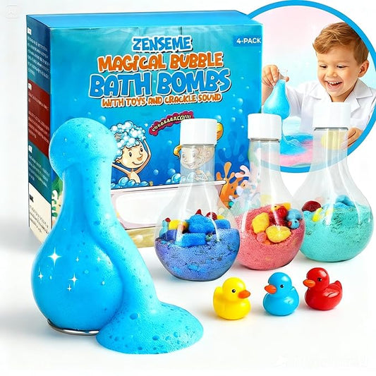 Bath Bombs for Boys with Mini Toy Ducks Inside – Kids Bath Bombs Powder - Bubble Bath for Kids – Bathtime Experiment Kit Mix - Blast of Foam & Colour Surprise – Gift Set of 4 - Bloomnest