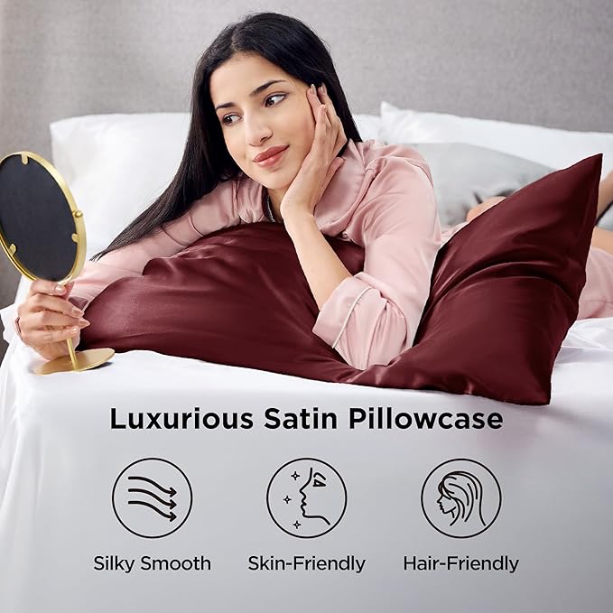 Bedsure King Size Satin Pillowcase Set of 2 - Valentine Pillow Cases for Hair and Skin with Envelope Closure, Similar to Silk Pillow Cases, Gifts for Women Men, Burgundy, 20x36 Inches, 2pcs - Bloomnest