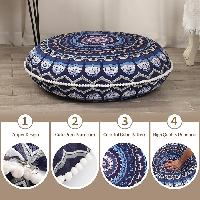 32 inches Meditation Floor Cushion for Adults, Round Large Thick Floor Pillow, Memory Foam Filling, Navy Blue