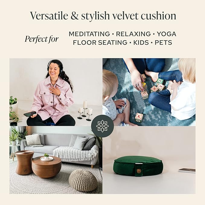 Mindful Modern Velvet Meditation Cushion | Luxe Zafu Yoga Floor Pillow Seat | Posture Support | Buckwheat Hull Filled | Large Round Cushion with Removable Washable Cover + Carry Handle