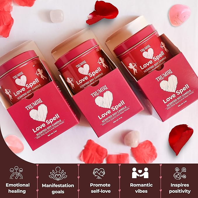 Love Spell - Scented Candles for Women & Men with Rose Petals and Crystals - Pack of 3 x 5oz Soy Clean Organic Non Toxic - Velas Aromáticas - Aromatherapy Spa Valentines Gift Candel TRUMIRI