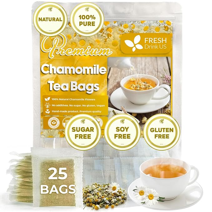 FRESHDRINKUS, Premium 25 Chamomile Tea Bags, 100% Natural and Pure Chamomile Flowers, Eco-conscious Tea Bags. Chamomile Flower Herbal Tea. No Sugar, No Caffeine, No Gluten, Vegan. - Bloomnest