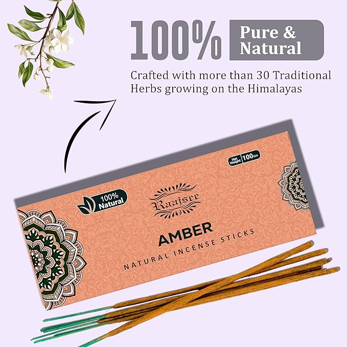 Raajsee Amber Incense Sticks 100 Gm Pack-100% Pure Organic - Natural Hand Rolled Free from Chemicals-Insence for Church,Relaxation, Meditation & Sensual Therapy RAAJSEE