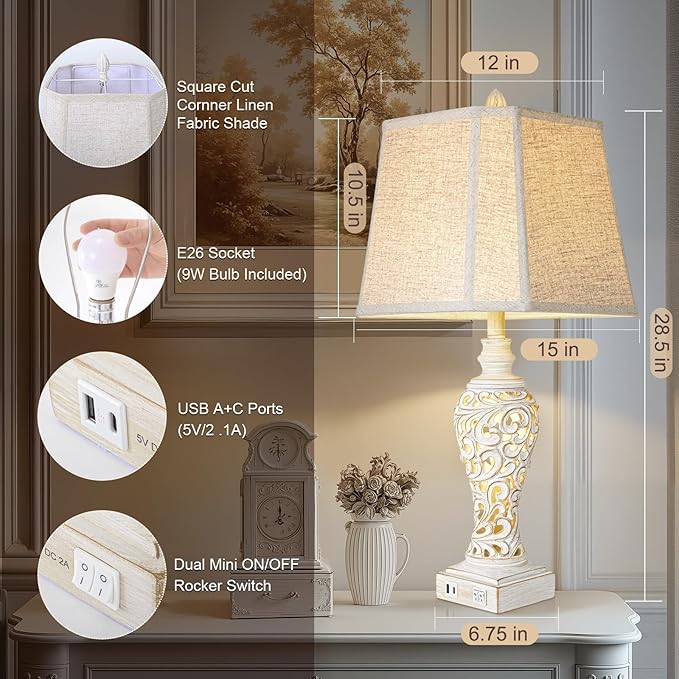 Vintage Table Lamps Set of 2, 28.5'' High Bedside Lamps with Fabric Shade, Farmhouse Nightstand Lamps with USB A+C Ports and Nightlight - Perfect for Living Room Bedroom Office Study (Bulb Included) - Bloomnest
