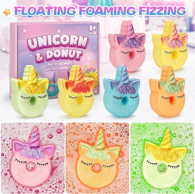 Unicorn Bath Bombs for Kids with Surprise Inside, 6 Pcs Organic Natural Bubble Bath Bombs for Girls,Christmas Birthday Gift for 3 4 5 6 7 8 Year Old Girl,Princess Bath Bomb Kit with Beautiful Toys - Bloomnest