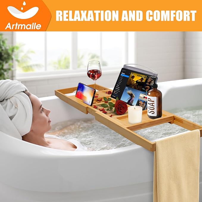 Artmalle Luxury Bathtub Caddy Tray for Tub - Foldable Bamboo Bath Table Tray with Book and Wine Glass Holder, Expandable Bathroom Accessories for Spa or Reading Lite Style - Bloomnest