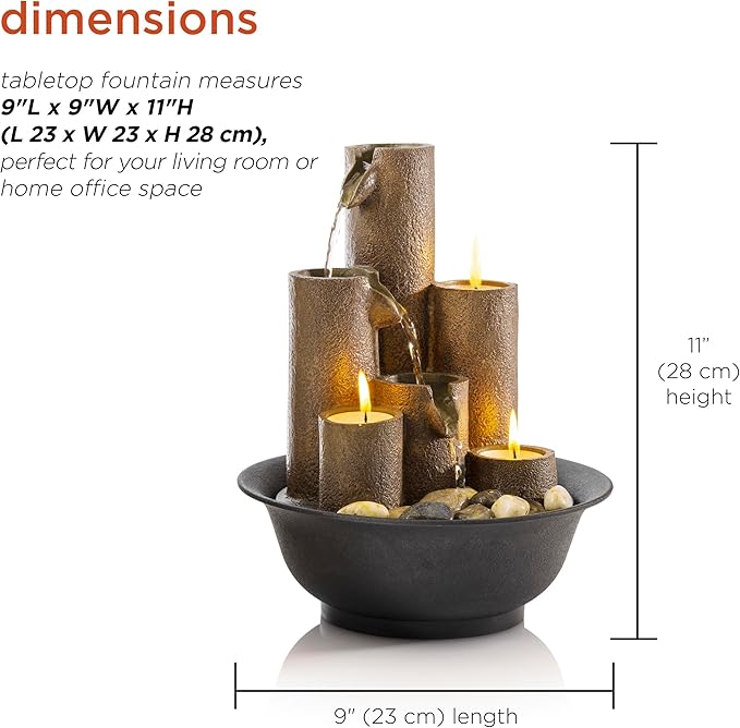 Alpine Corporation WCT202 Indoor Tabletop Tiered Water Fountain Featuring 3 Candles for Desktop and Table, 11", Brown - Bloomnest
