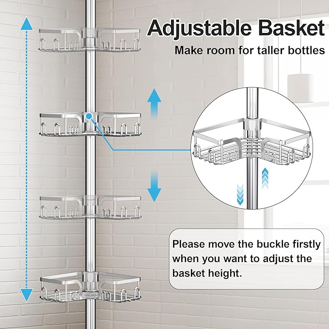 Corner Shower Caddy Tension Pole 4 Tier Adjustable Stainless Steel Shower Shelf for Inside Shower Bathtub Shampoo,Standing Bathroom Organizer Shelves with 39 to 113 inch Height - Bloomnest