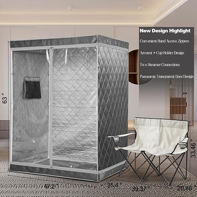 Full Size 2 Person Sauna Tent, Portable Steam Sauna Tent for Home, 1 or 2 Person Foldable Lightweight, Full Body Sauna Tent for Relaxation, Steamer Not Included, 2 Person Foldable Chair iDOTODO
