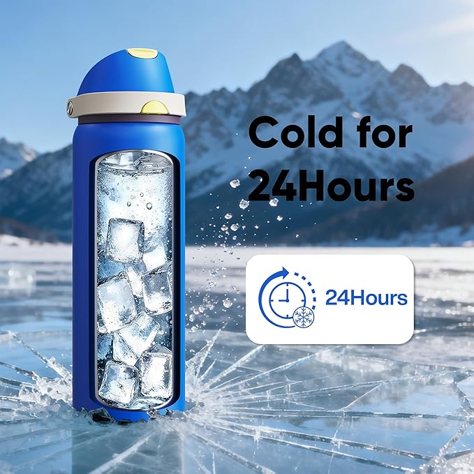 Insulated Water Bottle with Straw - Encool Stainless Steel Water Bottle with Push Button Lid, Leak-Proof & BPA-Free, Keeps Cold for 24 Hours for Sports, Travel, Gym (32 oz, Sapphire) ENCOOL