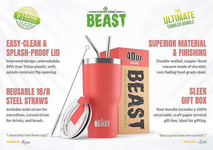 Beast 40 oz Tumbler Stainless Steel Vacuum Insulated Coffee Ice Cup Double Wall Travel Flask (Coral Pink) - Bloomnest