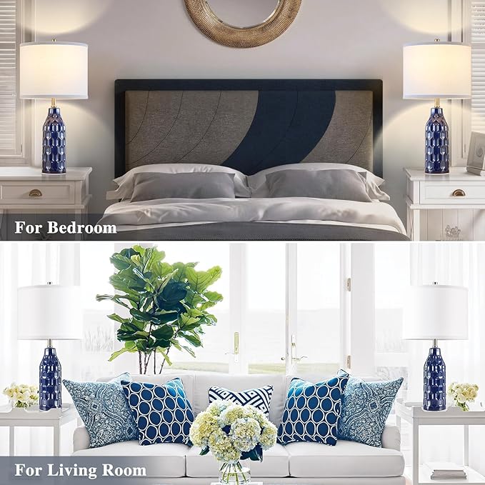 Luvkczc 24.8" Ceramic Table Lamps Set of 2 for Nightstand - 3 Color Temperature&Bulbs Included, Bedside Lamps for Living Room Bedroom Home Office Table Decor, Navy Blue - Bloomnest
