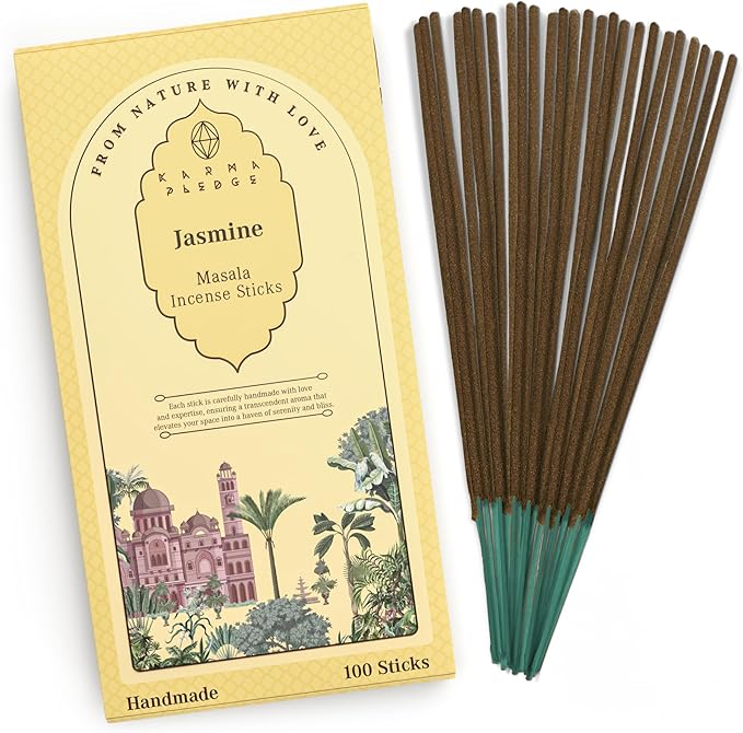 Incense Sticks, Jasmine Incense, Pack of 100 Stick, Hand Rolled Aromatic Masala Made with Natural Ingredients, 45-60 Minute Burn Time, Best for Home Fragrance, Meditation, Yoga, Spiritual Healing KARMAPLEDGE