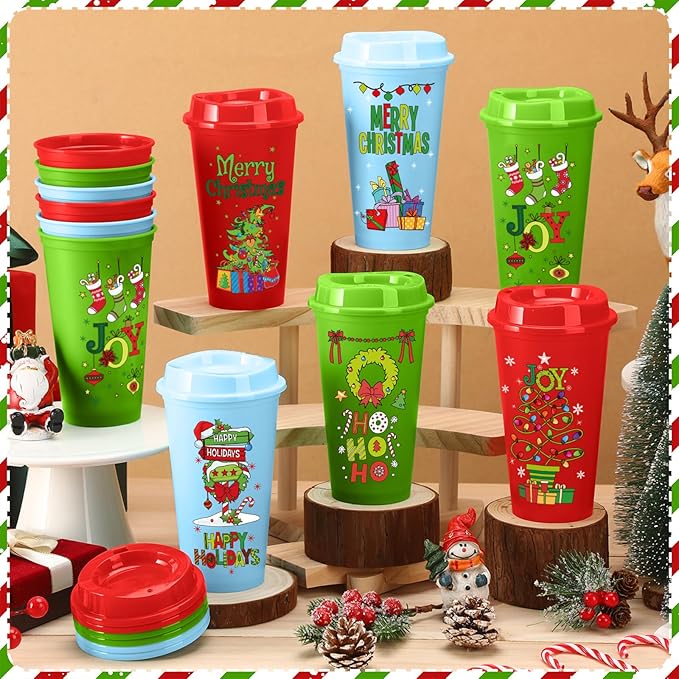 Pickmesh 12 Pack Christmas Coffee Cups Gifts Bulk 16 oz Reusable Coffee Cup Tumblers with Lid Plastic Cups Travel Mug Thank You Gifts for Women Coworkers Holiday Drinks - Bloomnest