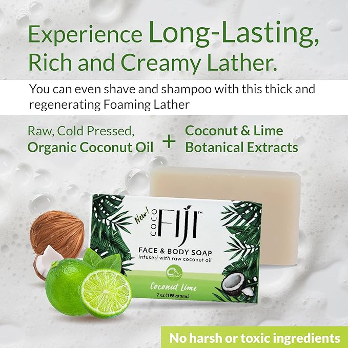 Coco Fiji Soap Bar for Face and Body Infused With Organic Coconut Oil, Coconut Lime, Essential Oil, Natural Soap for Moisturizing & Pore Purifying Skin, 7 oz,Pack of 2 - Bloomnest
