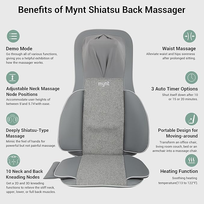 Mynt 2D & 3D Shiatsu Neck and Back Massager for Chair with 10 Deep Kneading Nodes, Adjustable Back Massage with Heat, Portable Massage Chair Pad (Gray) - Bloomnest