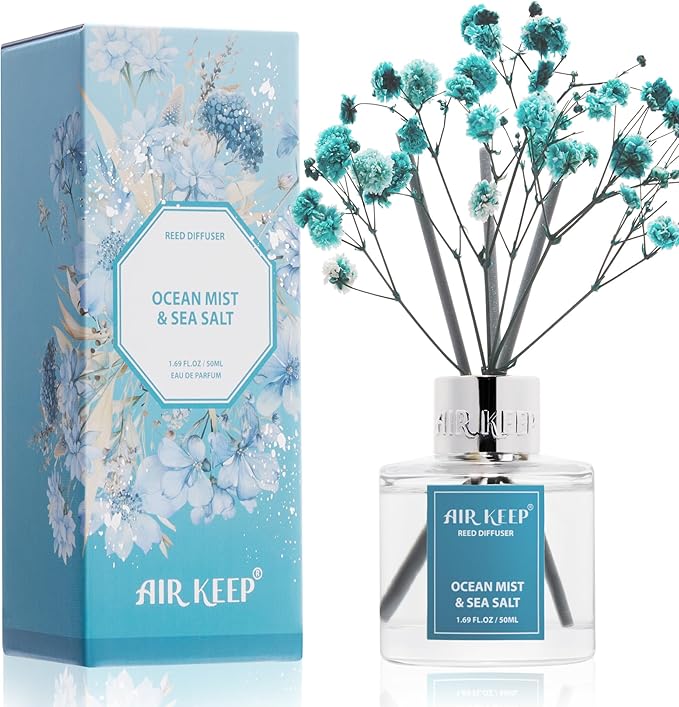 Airkeep Reed Diffuser Set,1.69 fl oz (50 ml) - Ocean Mist&Sea Salt Oil Diffusers with 8 Reed Sticks,Home Fragrance Reed Diffuser for Bathroom Shelf DecorSALT - Bloomnest