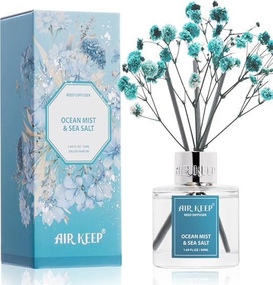 Airkeep Reed Diffuser Set,1.69 fl oz (50 ml) - Ocean Mist&Sea Salt Oil Diffusers with 8 Reed Sticks,Home Fragrance Reed Diffuser for Bathroom Shelf DecorSALT - Bloomnest