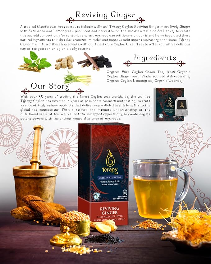 Térapy Ceylon GINGER & HONEY Tea | Organic Herbal Tea Bags | 100% Natural Ayurvedic Ingredients Including Organic Ginger, Wild Bee’s Honey, Ashwagandha & Lemongrass | 20 Individually Wrapped Tea Bags - Bloomnest