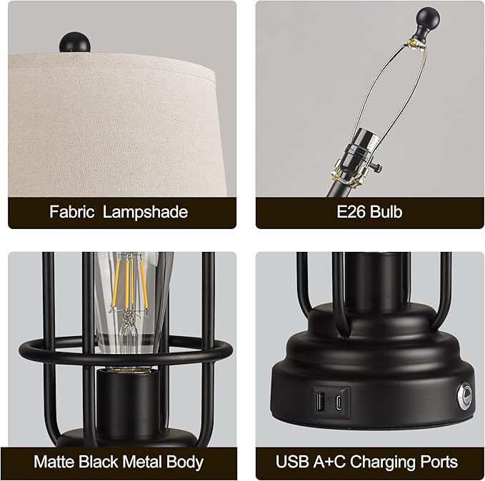 Table Lamp Set of 2 with USB Ports, 28" Tall Farmhouse Table Lamp with 2 Nightlight Bulbs,Touch Control Table Lamps for Bedroom, Rustic Bedside Lamp for End Tables,Bulbs Included,Black - Bloomnest