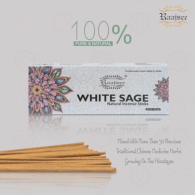 White Sage Incense Sticks for Cleansing 100 gm Pack - 100% Natural -Charcoal Free - Organic Non Toxic Clean Burning - Made from Upcycled Flowers RAAJSEE